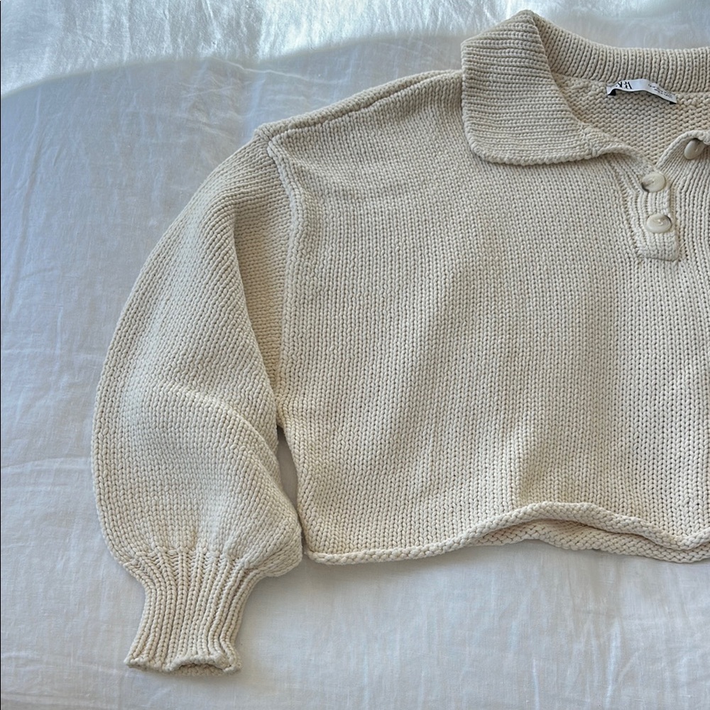 Zara Cream Knit Collared Cropped Sweater - Picture 4 of 8